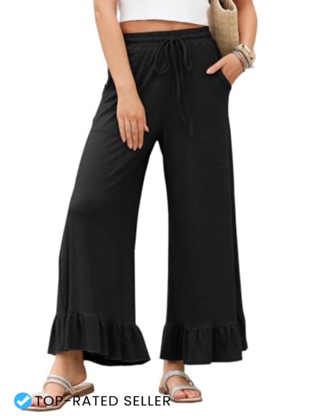 Women's Wide Leg Palazzo Pants Flowy High Waisted Ruffle Hem with Pockets Knit